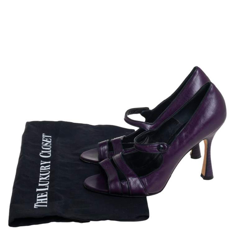 Pre Owned Manolo Blahnik Purple Leather Mary Jane Pumps Size 39.5