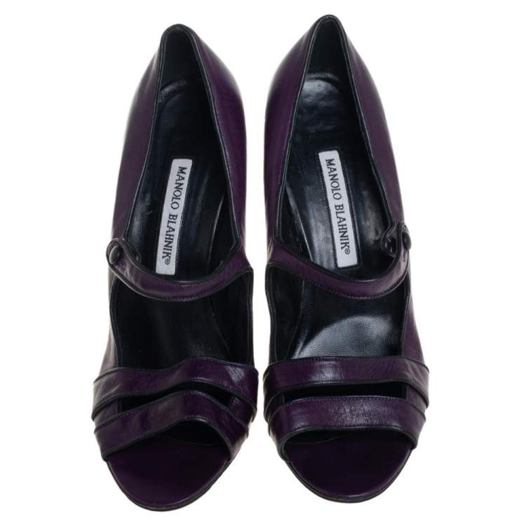 Pre Owned Manolo Blahnik Purple Leather Mary Jane Pumps Size 39.5