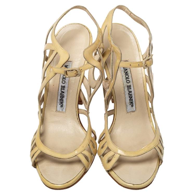 Pre Owned Manolo Blahnik Yellow Patent Leather Strappy Sandals Size 36.5