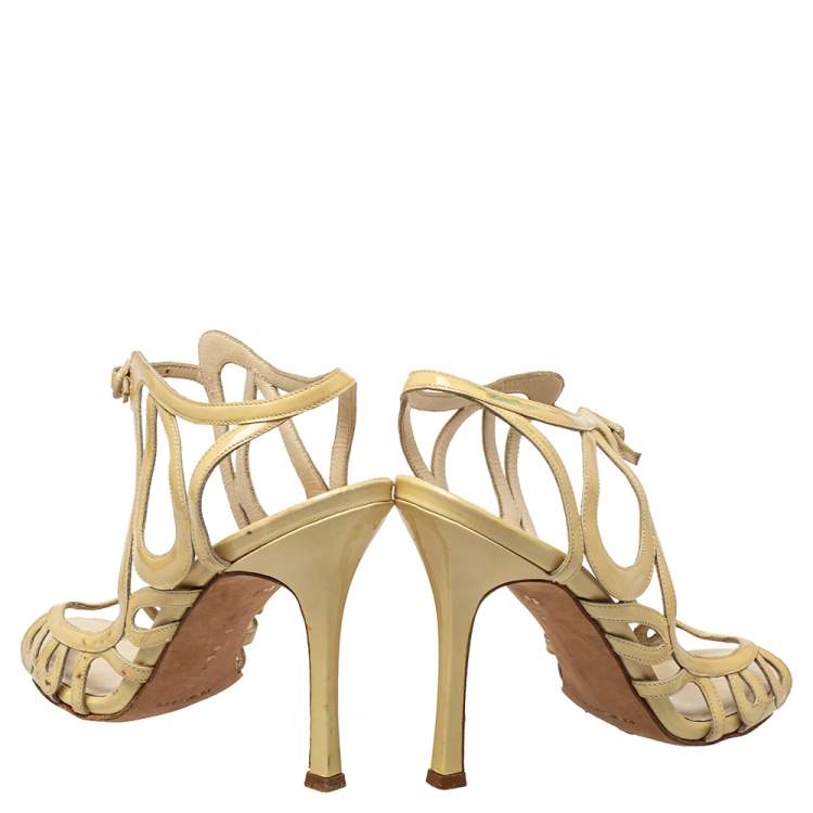 Pre Owned Manolo Blahnik Yellow Patent Leather Strappy Sandals Size 36.5