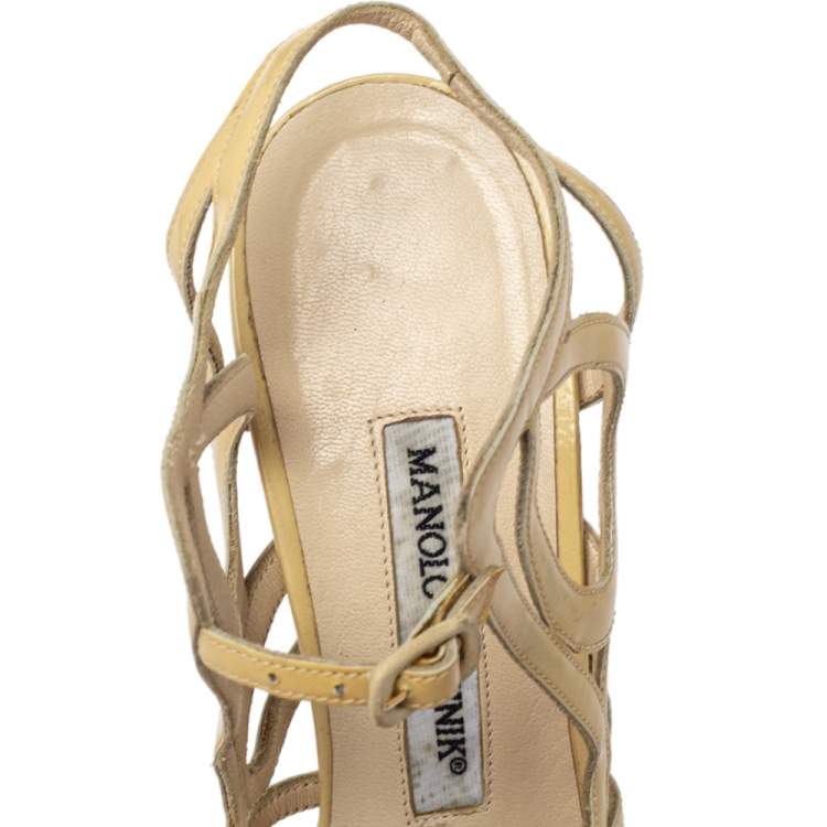 Pre Owned Manolo Blahnik Yellow Patent Leather Strappy Sandals Size 36.5