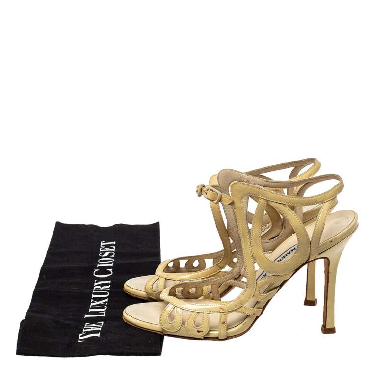 Pre Owned Manolo Blahnik Yellow Patent Leather Strappy Sandals Size 36.5