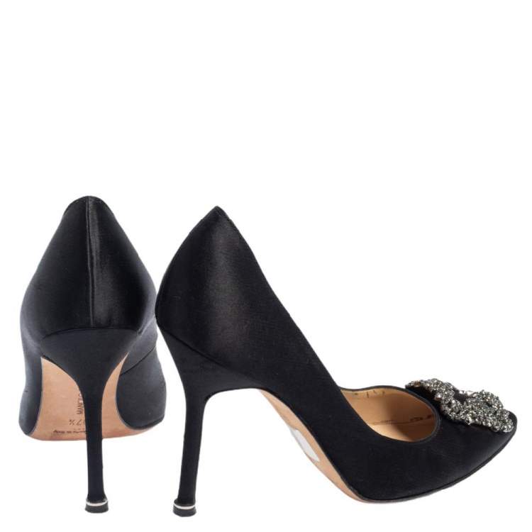 Pre Owned Manolo Blahnik Black Satin Hangisi Embellished Pointed Toe Pumps Size 37.5