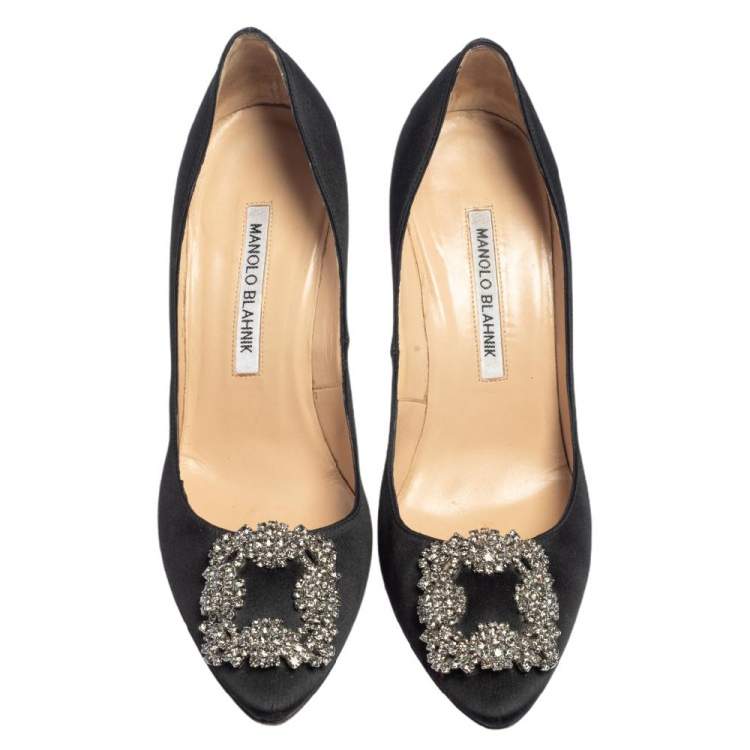Pre Owned Manolo Blahnik Black Satin Hangisi Embellished Pointed Toe Pumps Size 37.5