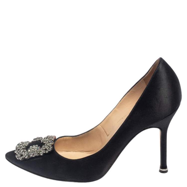 Pre Owned Manolo Blahnik Black Satin Hangisi Embellished Pointed Toe Pumps Size 37.5
