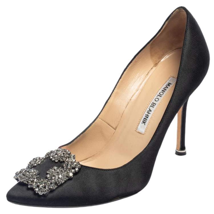 Pre Owned Manolo Blahnik Black Satin Hangisi Embellished Pointed Toe Pumps Size 37.5