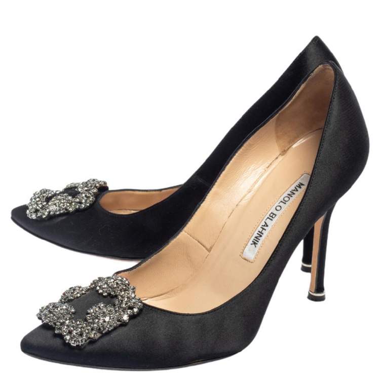 Pre Owned Manolo Blahnik Black Satin Hangisi Embellished Pointed Toe Pumps Size 37.5
