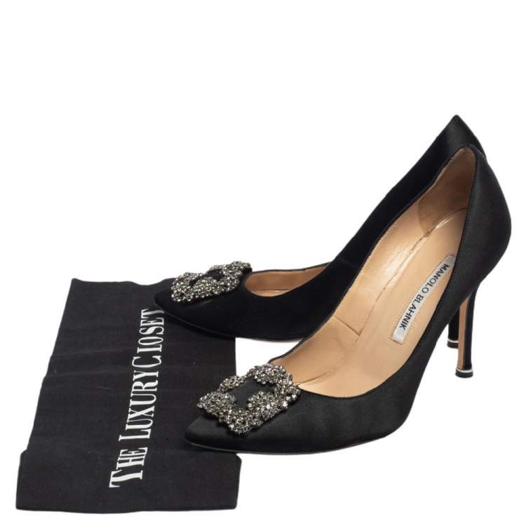 Pre Owned Manolo Blahnik Black Satin Hangisi Embellished Pointed Toe Pumps Size 37.5