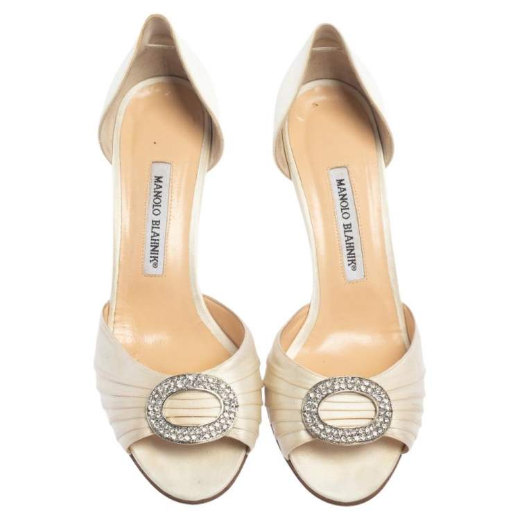 Pre Owned Manolo Blahnik Cream Pleated Satin Sedaraby D'orsay Sandals Size 39.5