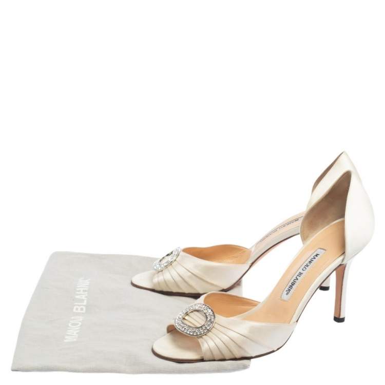 Pre Owned Manolo Blahnik Cream Pleated Satin Sedaraby D'orsay Sandals Size 39.5
