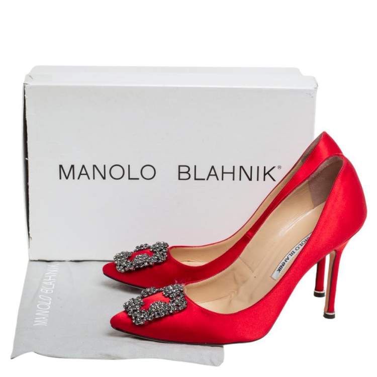 Pre Owned Manolo Blahnik Red Satin Hangisi Embellished Pointed Toe Pumps Size 38.5