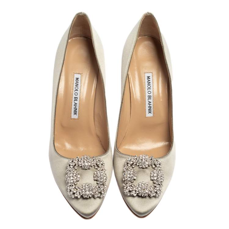 Pre Owned Manolo Blahnik Grey Satin Hangisi  Pumps Size 39