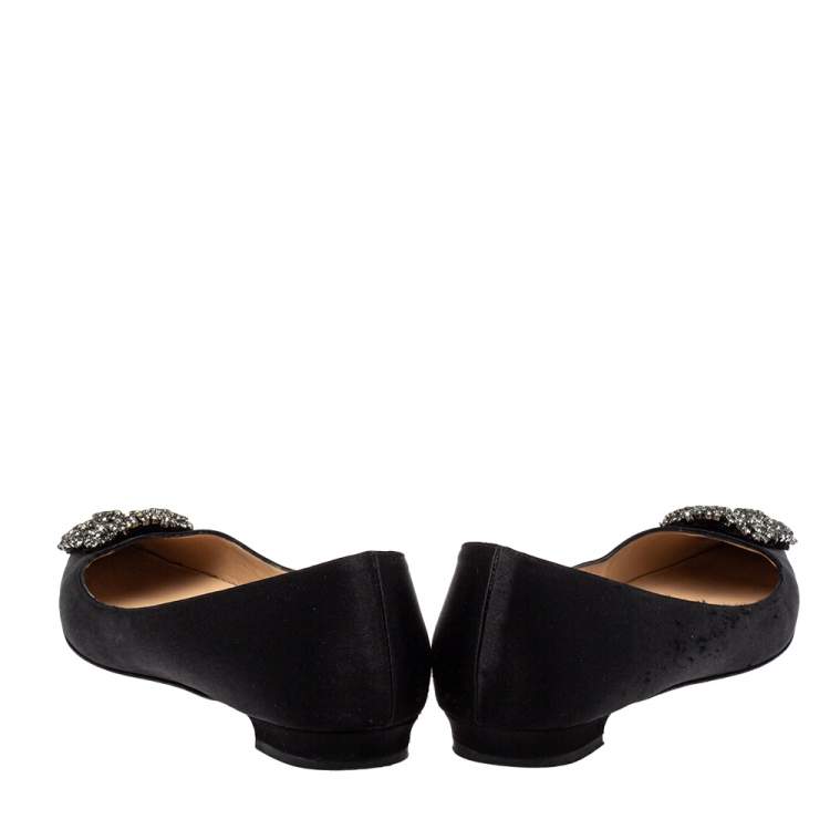 Pre Owned Manolo Blahnik Black Satin Hangisi Crystal Embellished Flats Size 38.5