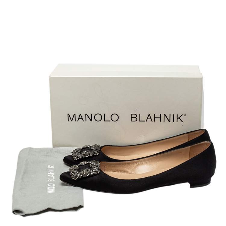 Pre Owned Manolo Blahnik Black Satin Hangisi Crystal Embellished Flats Size 38.5
