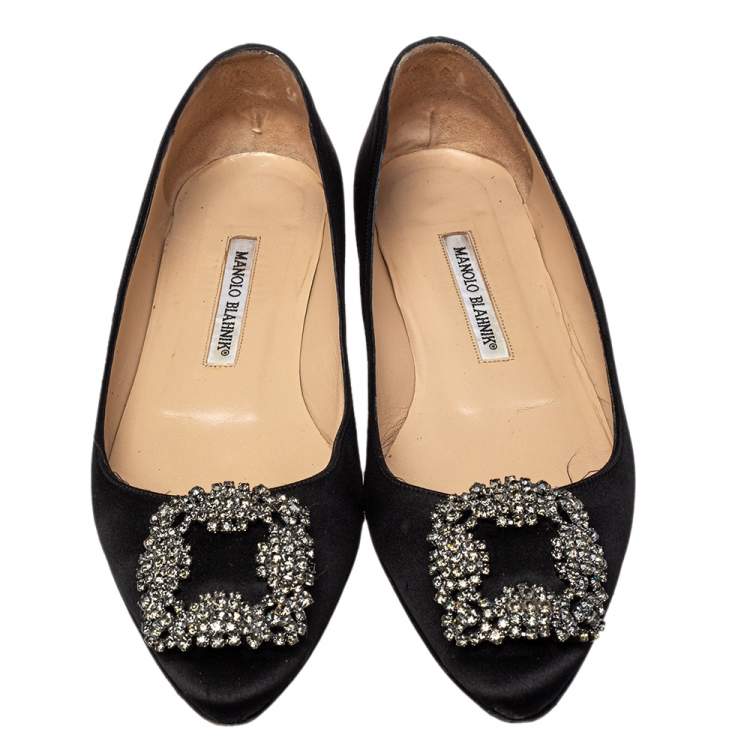 Pre Owned Manolo Blahnik Black Satin Hangisi Crystal Embellished Flats Size 38.5