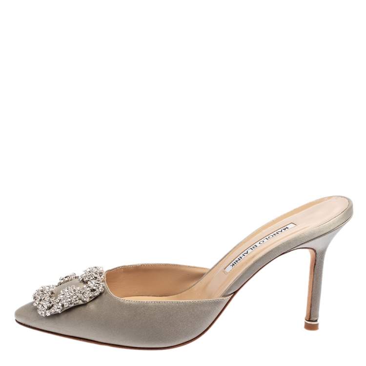Pre Owned Manolo Blahnik Grey Satin Hangisi Pointed Toe Mules Size 38