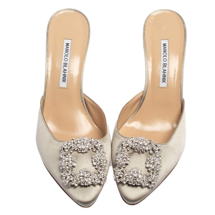 Pre Owned Manolo Blahnik Grey Satin Hangisi Pointed Toe Mules Size 38