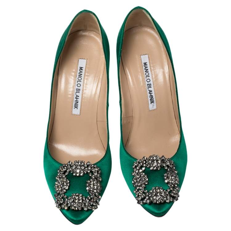 Pre Owned Manolo Blahnik Emerald Green Satin Hangisi Pumps Size 34.5