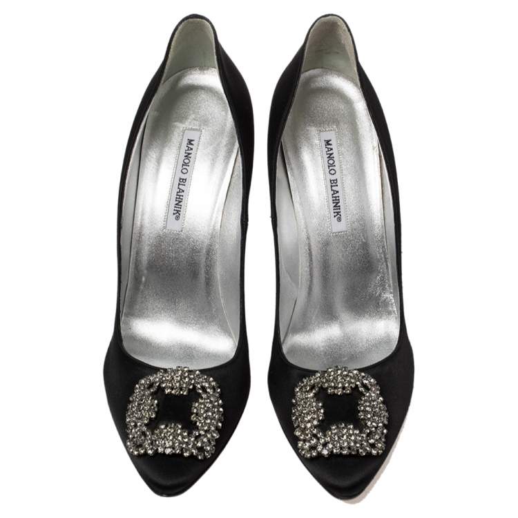 Pre Owned Manolo Blahnik Black Satin Hangisi Pointed Toe Pumps Size 42