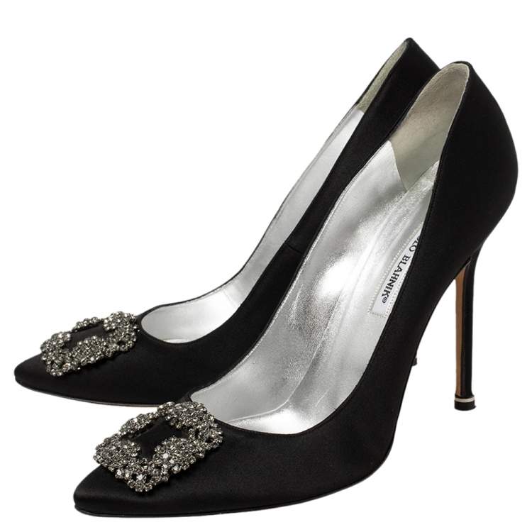 Pre Owned Manolo Blahnik Black Satin Hangisi Pointed Toe Pumps Size 42