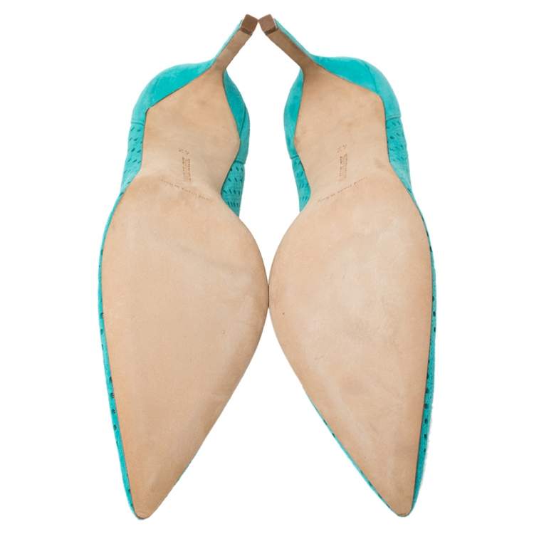 Pre Owned Manolo Blahnik Blue Perforated Suede BB Pointed Toe Pumps Size 42