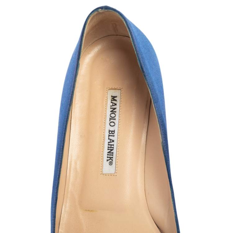 Pre Owned Manolo Blahnik Blue Satin Hangisi Pointed Toe Flats Size 40