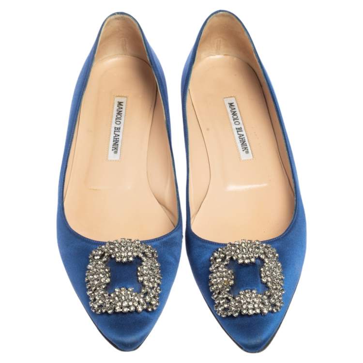 Pre Owned Manolo Blahnik Blue Satin Hangisi Pointed Toe Flats Size 40