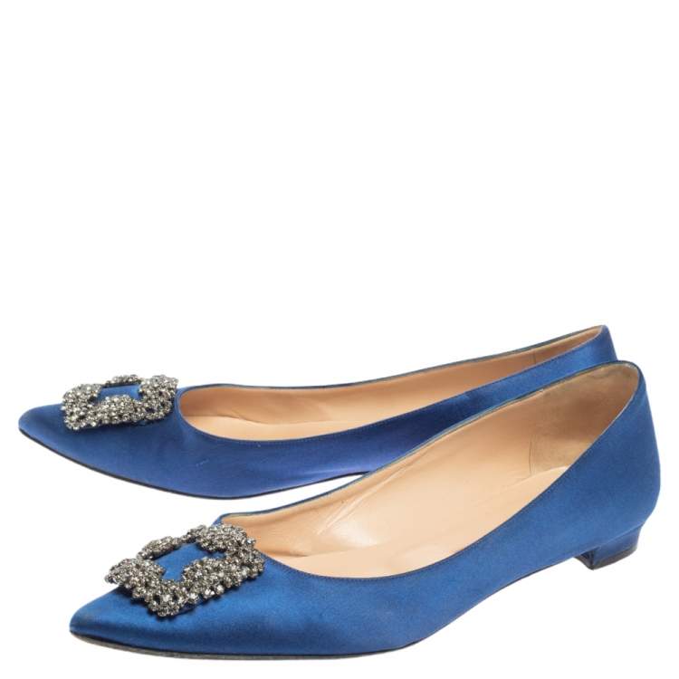 Pre Owned Manolo Blahnik Blue Satin Hangisi Pointed Toe Flats Size 40