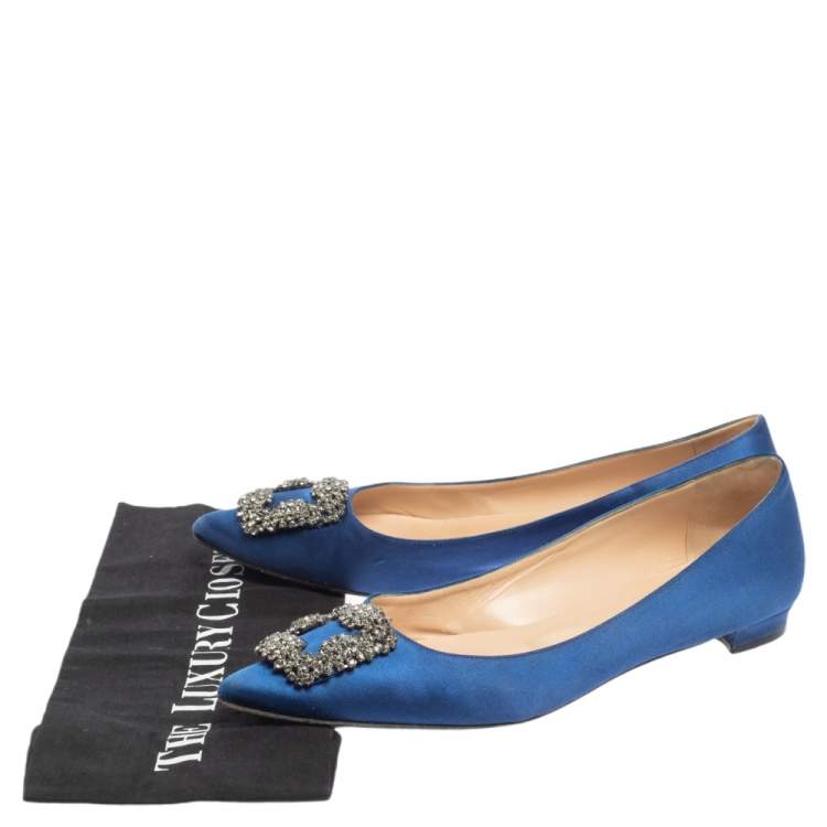 Pre Owned Manolo Blahnik Blue Satin Hangisi Pointed Toe Flats Size 40