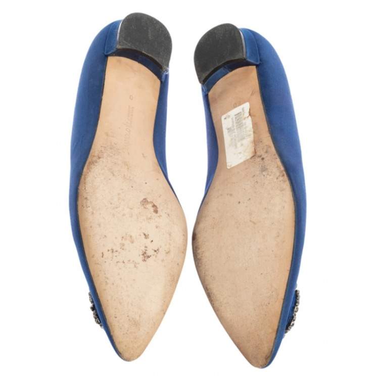 Pre Owned Manolo Blahnik Blue Satin Hangisi Pointed Toe Flats Size 40