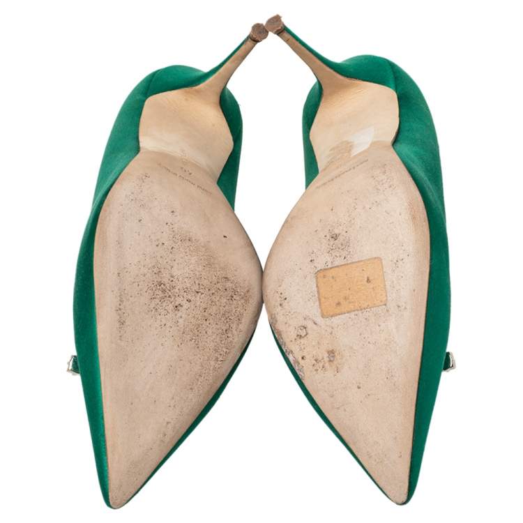 Pre Owned  Manolo Blahnik Green Satin Borlak Crystal Embellished Pointed Toe Pumps Size 40