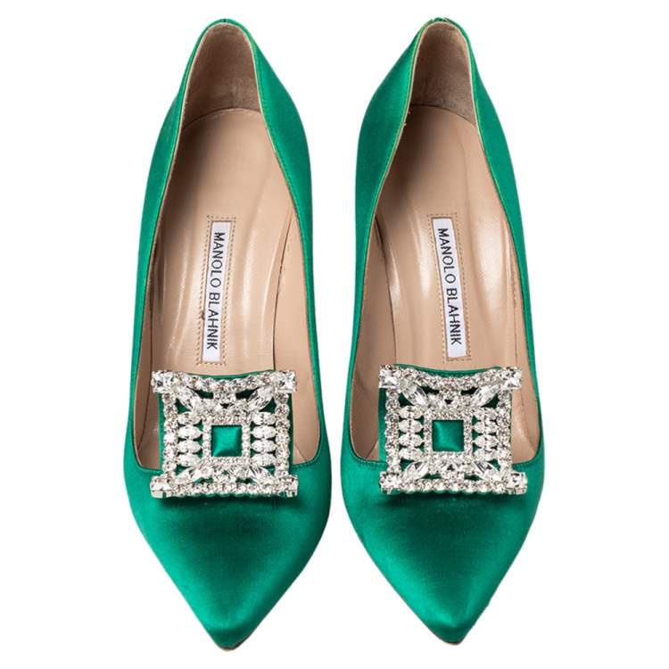Pre Owned  Manolo Blahnik Green Satin Borlak Crystal Embellished Pointed Toe Pumps Size 40