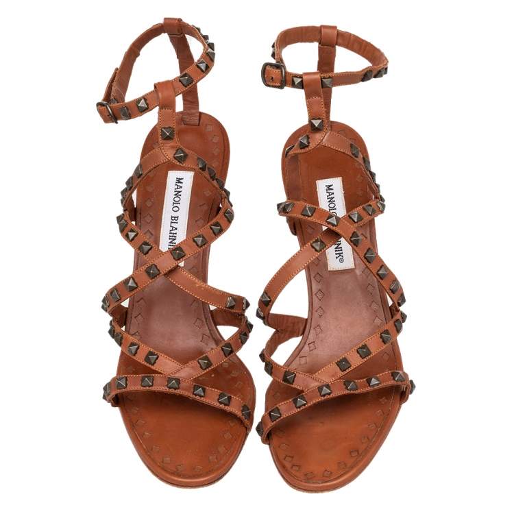 Pre Owned Manolo Blahnik Brown Leather Embellished Ankle Strap Sandals Size 39.5
