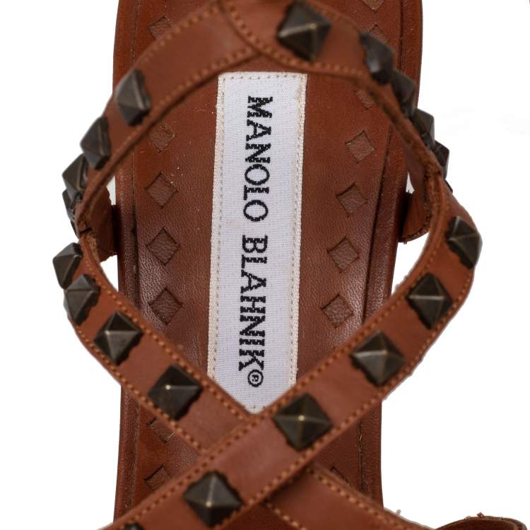 Pre Owned Manolo Blahnik Brown Leather Embellished Ankle Strap Sandals Size 39.5