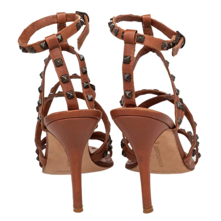 Pre Owned Manolo Blahnik Brown Leather Embellished Ankle Strap Sandals Size 39.5
