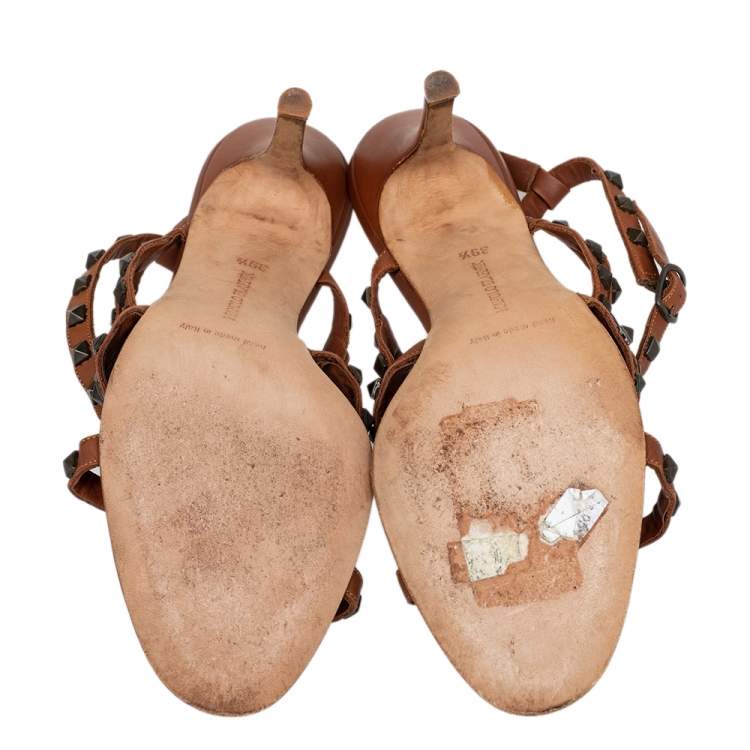 Pre Owned Manolo Blahnik Brown Leather Embellished Ankle Strap Sandals Size 39.5