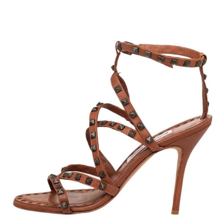 Pre Owned Manolo Blahnik Brown Leather Embellished Ankle Strap Sandals Size 39.5