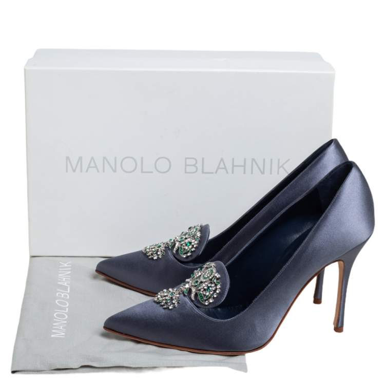 Pre Owned Manolo blahnik Blue Satin Embellishment  Pumps Size 38.5