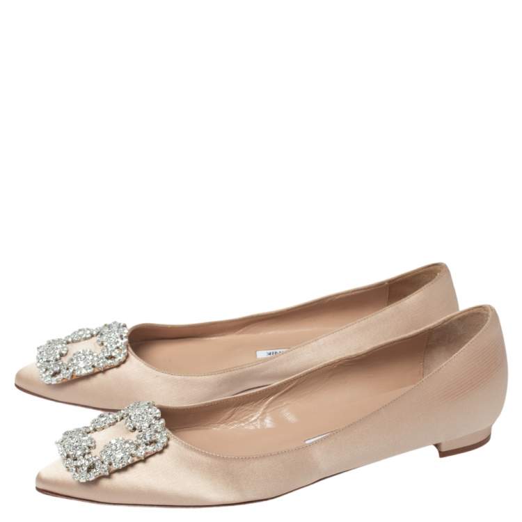Pre Owned Manolo Blahnik Nude Beige Satin Hangisi Ballet Flats Size 36.5