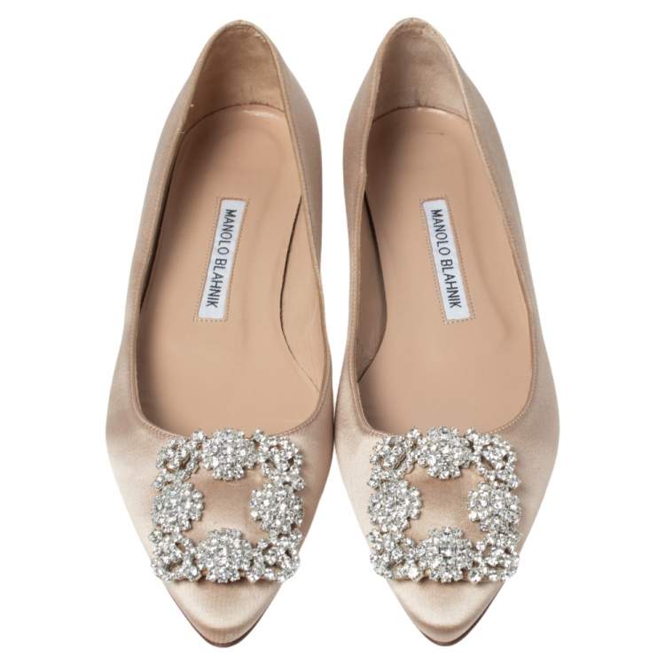 Pre Owned Manolo Blahnik Nude Beige Satin Hangisi Ballet Flats Size 36.5