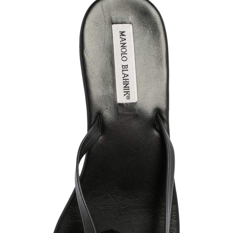Pre Owned Manolo Blahnik Black Leather Flower Thong Flat Sandals Size 42
