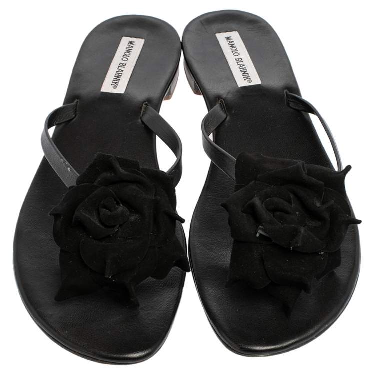 Pre Owned Manolo Blahnik Black Leather Flower Thong Flat Sandals Size 42