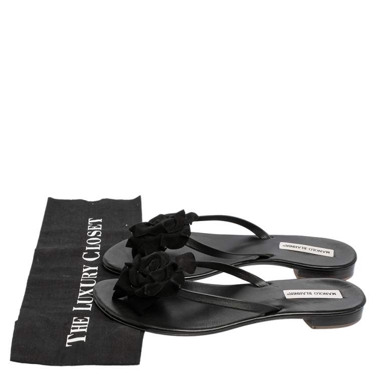 Pre Owned Manolo Blahnik Black Leather Flower Thong Flat Sandals Size 42