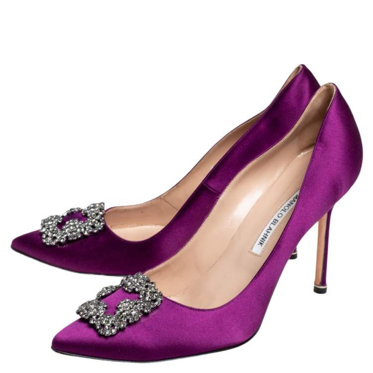 Pre Owned Manolo Blahnik Purple Satin Hangisi Crystal Embellished Pumps Size 42