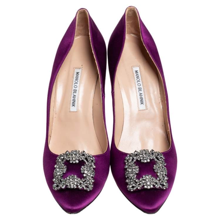 Pre Owned Manolo Blahnik Purple Satin Hangisi Crystal Embellished Pumps Size 42