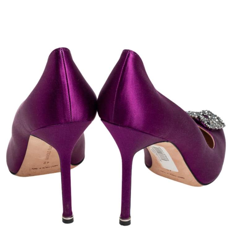 Pre Owned Manolo Blahnik Purple Satin Hangisi Crystal Embellished Pumps Size 42