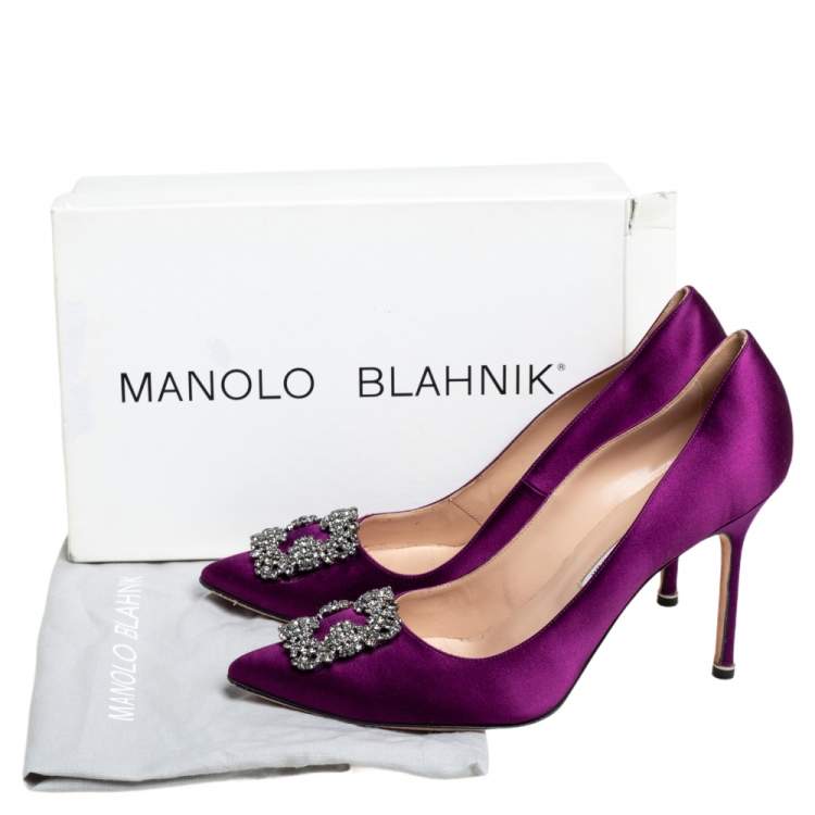 Pre Owned Manolo Blahnik Purple Satin Hangisi Crystal Embellished Pumps Size 42