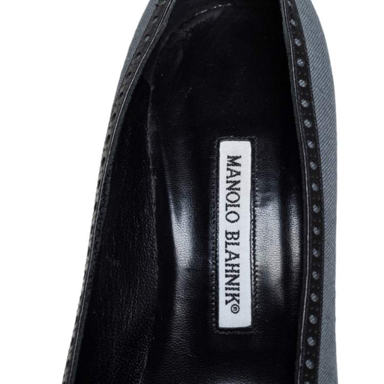 مملوكة مسبقًا Manolo Blahnik Grey Canvas Brogue Trim Pointed Toe Pumps Size 40