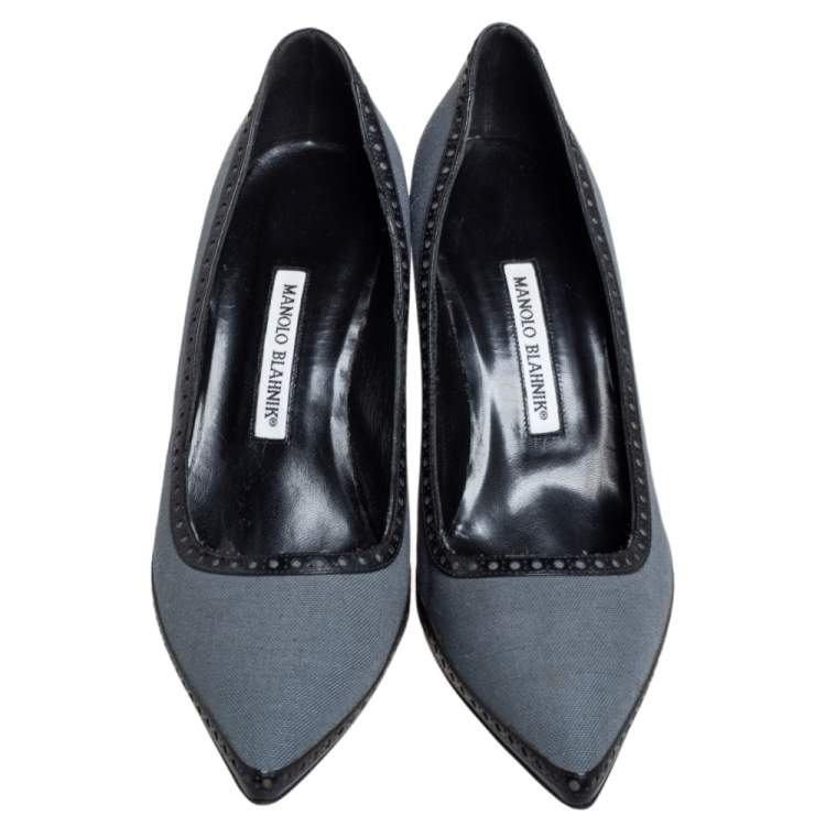 مملوكة مسبقًا Manolo Blahnik Grey Canvas Brogue Trim Pointed Toe Pumps Size 40