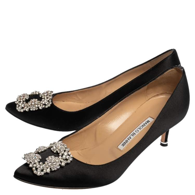 Pre Owned Manolo Blahnik Black Satin Hangisi  Pumps Size 37.5